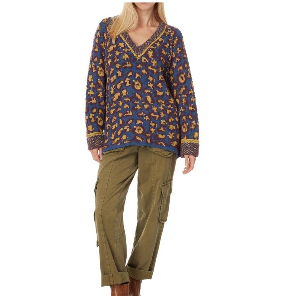 Free People Animal Leopard Print Sweater Women's L Oversized Chunky Pullover Lg